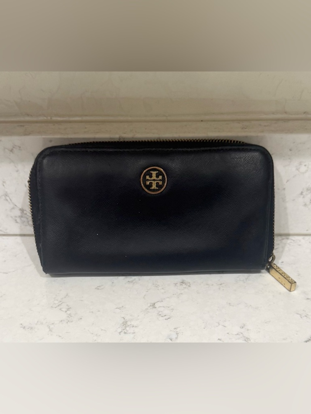 Tory Burch Black Leather Wallet with Gold Logo